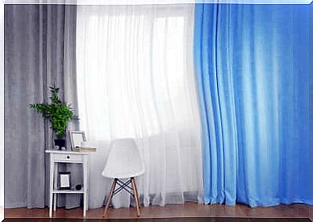 Blue curtains.